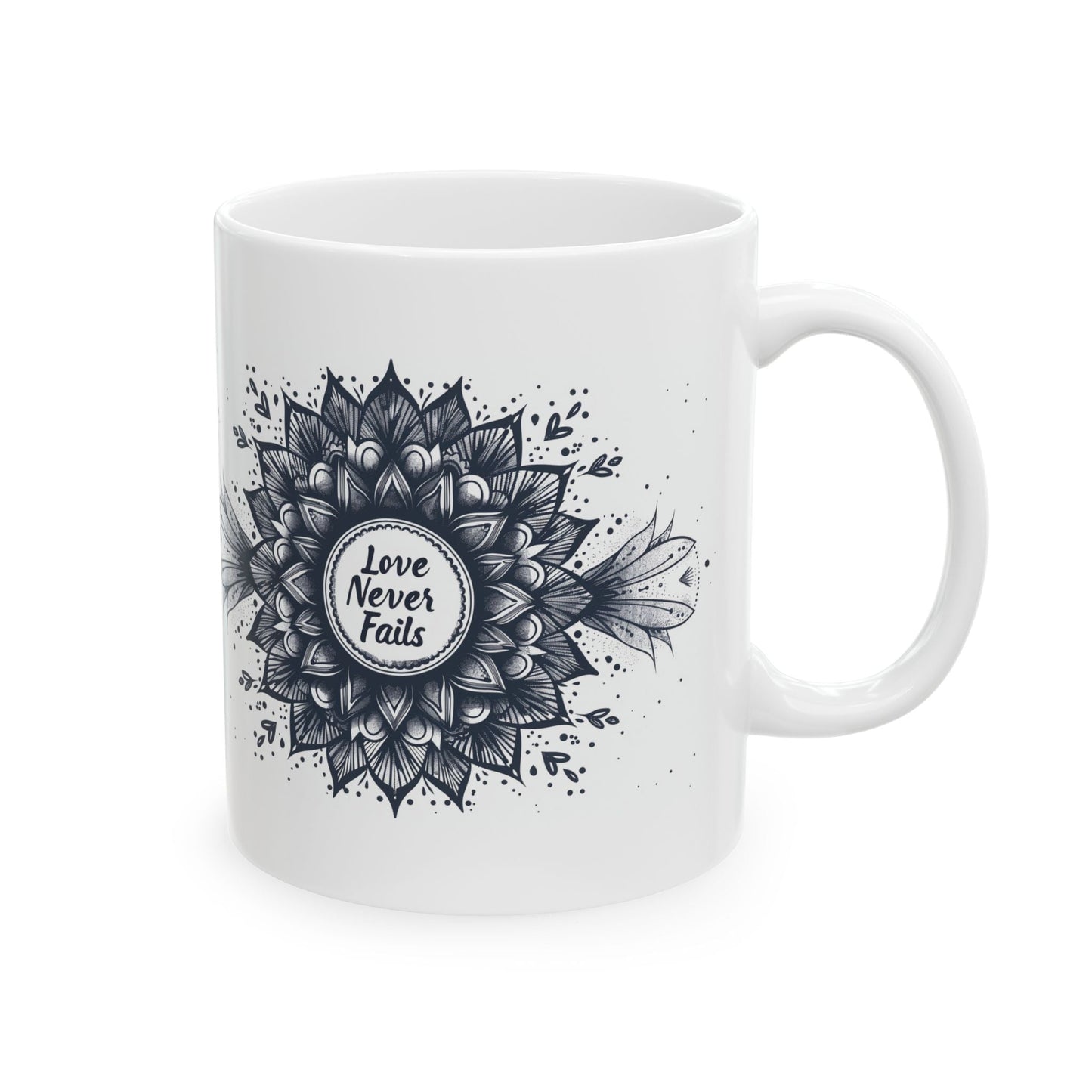 Love Never Fails , Mandala Leaves - Ceramic Mug, 11oz - Mug - Nazareth Treasures