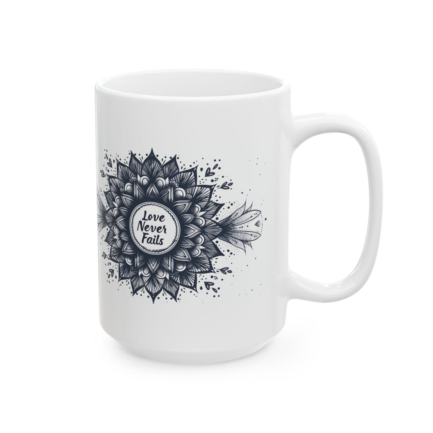 Love Never Fails , Mandala Leaves - Ceramic Mug, 11oz - Mug - Nazareth Treasures